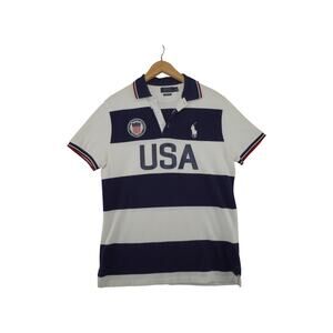 Polo Ralph Lauren USA Rugby Polo Shirt Custom Slim Fit Navy White Striped Men's